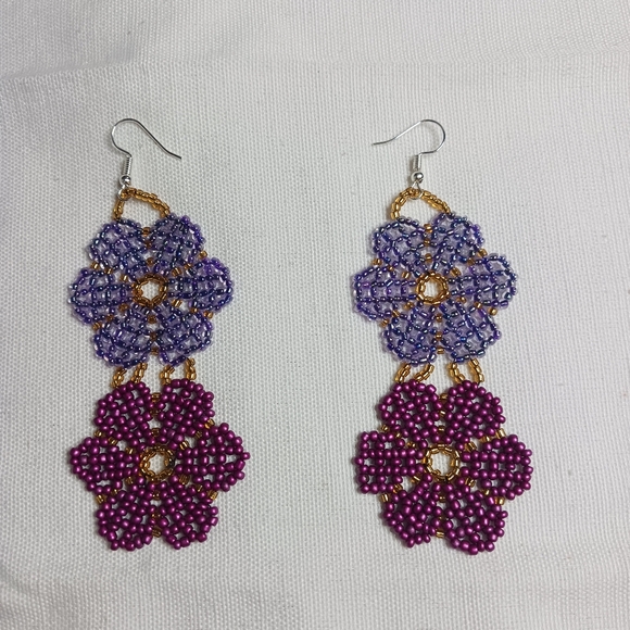 handmade Accessories - Handcrafted Beaded Floral Earrings - Purple and Pink